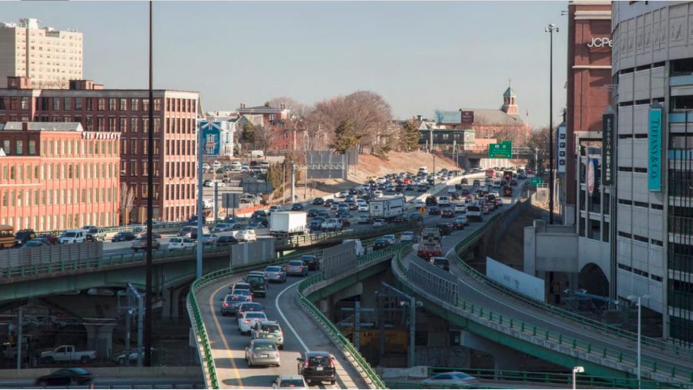 The replacement Interstate 95 northbound viaduct carrying traffic through downtown Providence.
