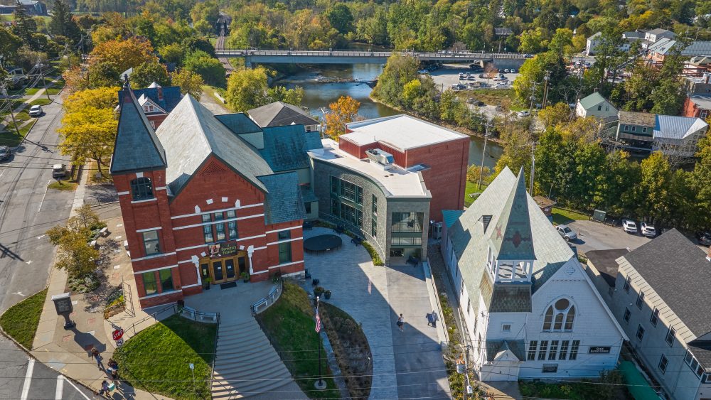 Exterior of the Middlebury Town Hall Theater Annex, showing the new addition alongside the historic building.